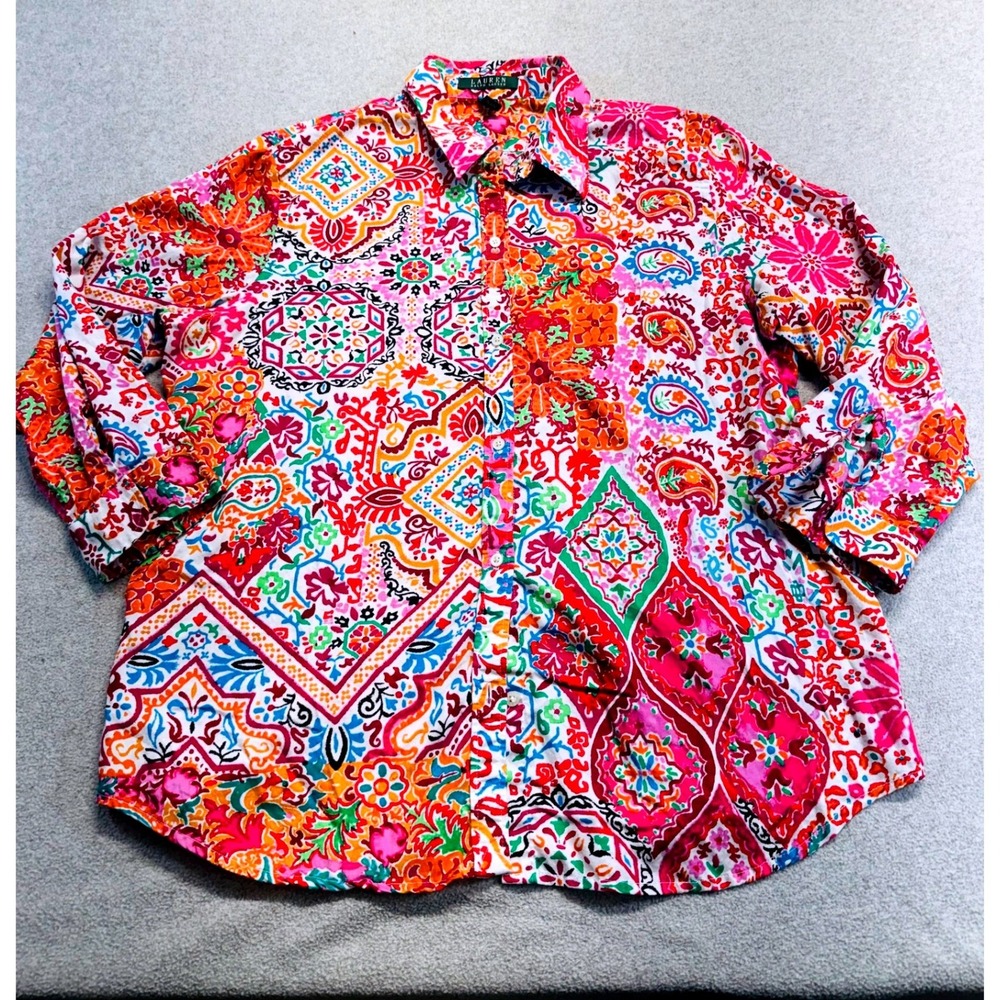 Lauren Ralph Lauren Button Down Womens XL Multicolor Paisley Classic Top Cotton